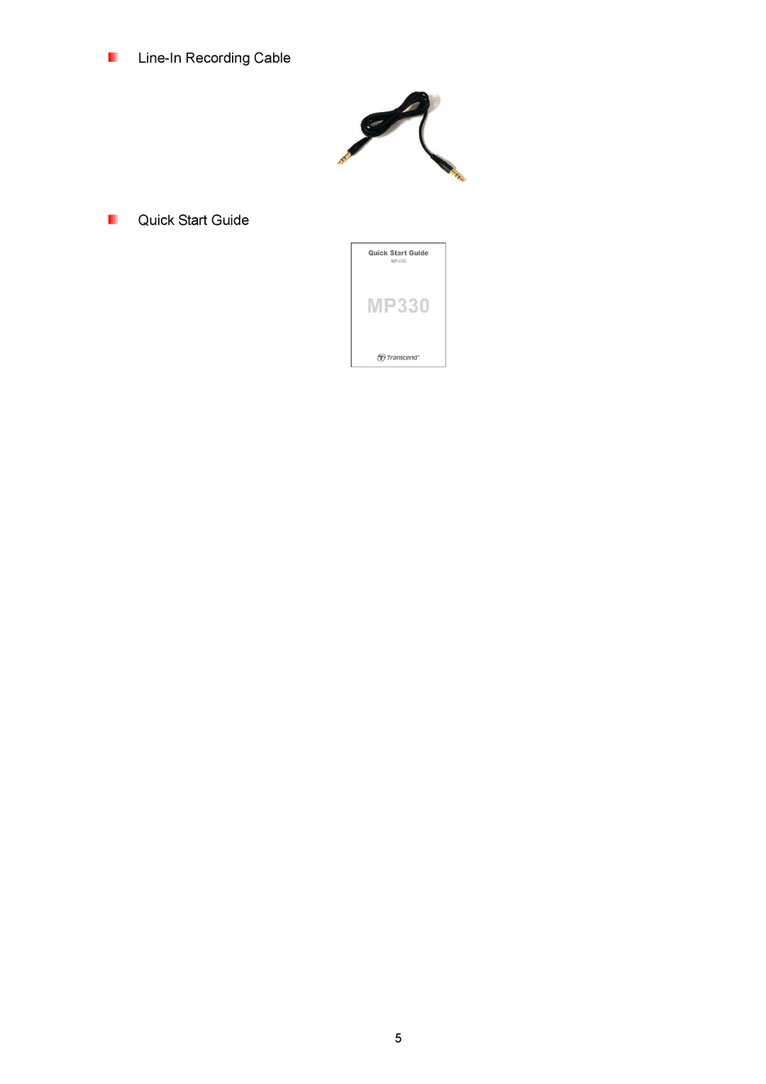 Transcend Information TS2GMP330, TS8GMP330, TS4GMP330 user manual Line-In Recording Cable Quick Start Guide 