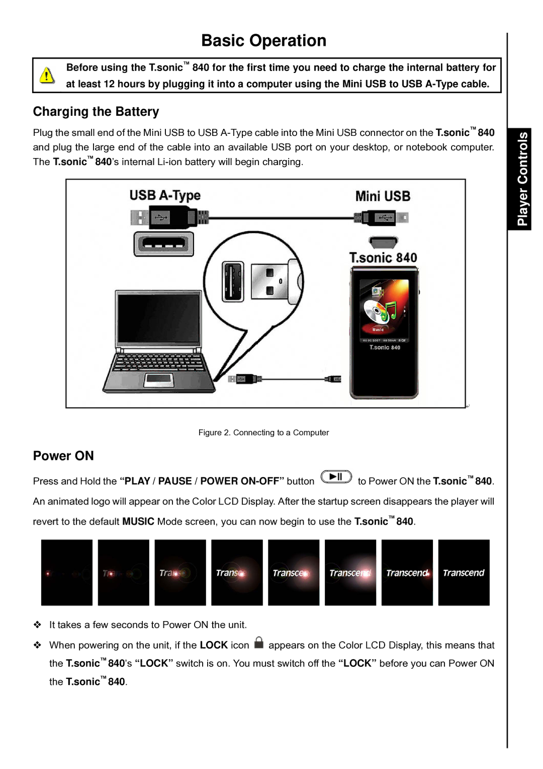 Transcend Information T.sonic 840 user manual Basic Operation, Charging the Battery, Power on 