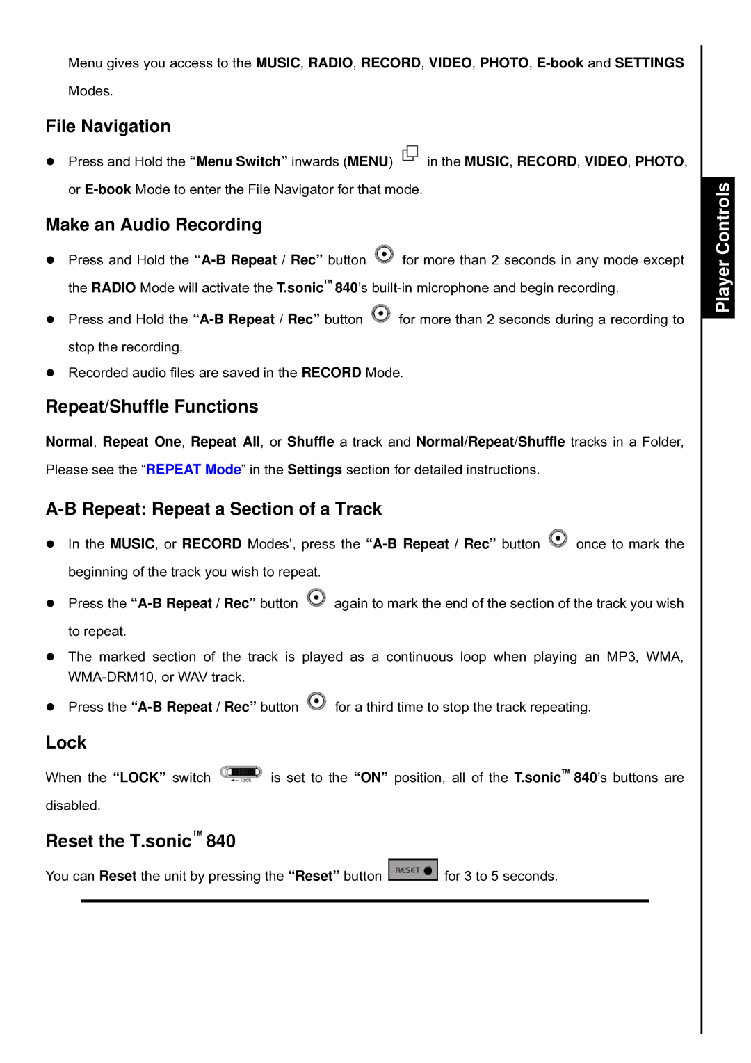 Transcend Information T.sonic 840 user manual File Navigation, Make an Audio Recording, Repeat/Shuffle Functions, Lock 