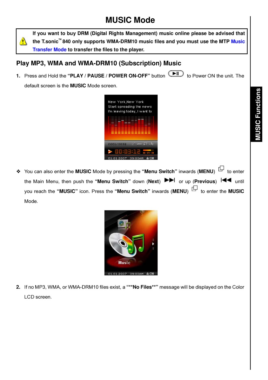 Transcend Information T.sonic 840 user manual Music Mode, Play MP3, WMA and WMA-DRM10 Subscription Music, Music Functions 