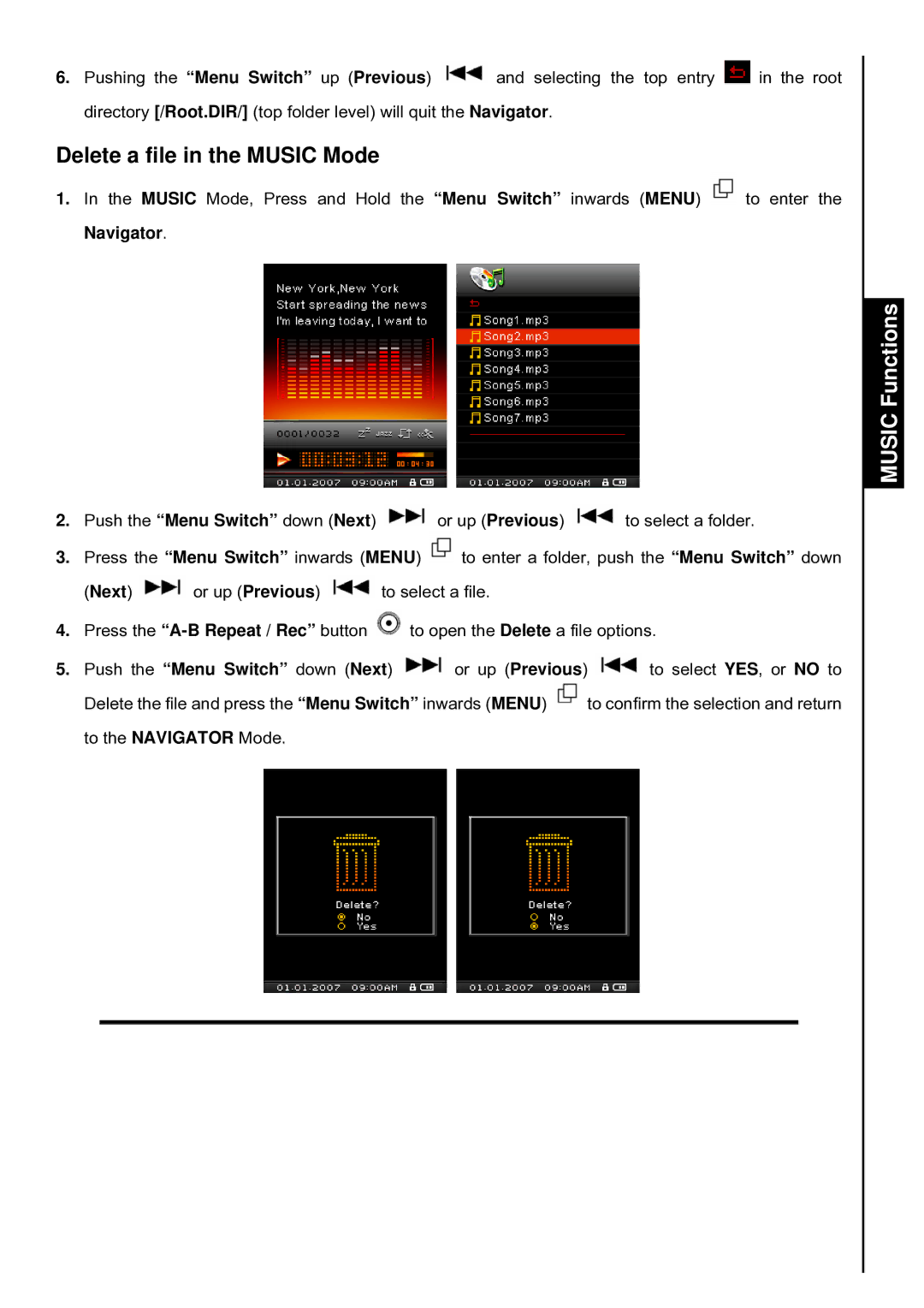 Transcend Information T.sonic 840 user manual Delete a file in the Music Mode 