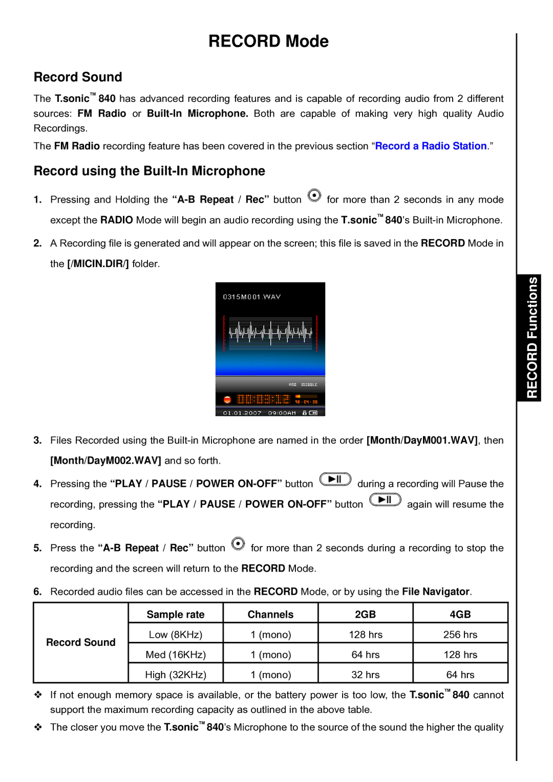 Transcend Information T.sonic 840 Record Mode, Record Sound, Record using the Built-In Microphone, Record Functions 