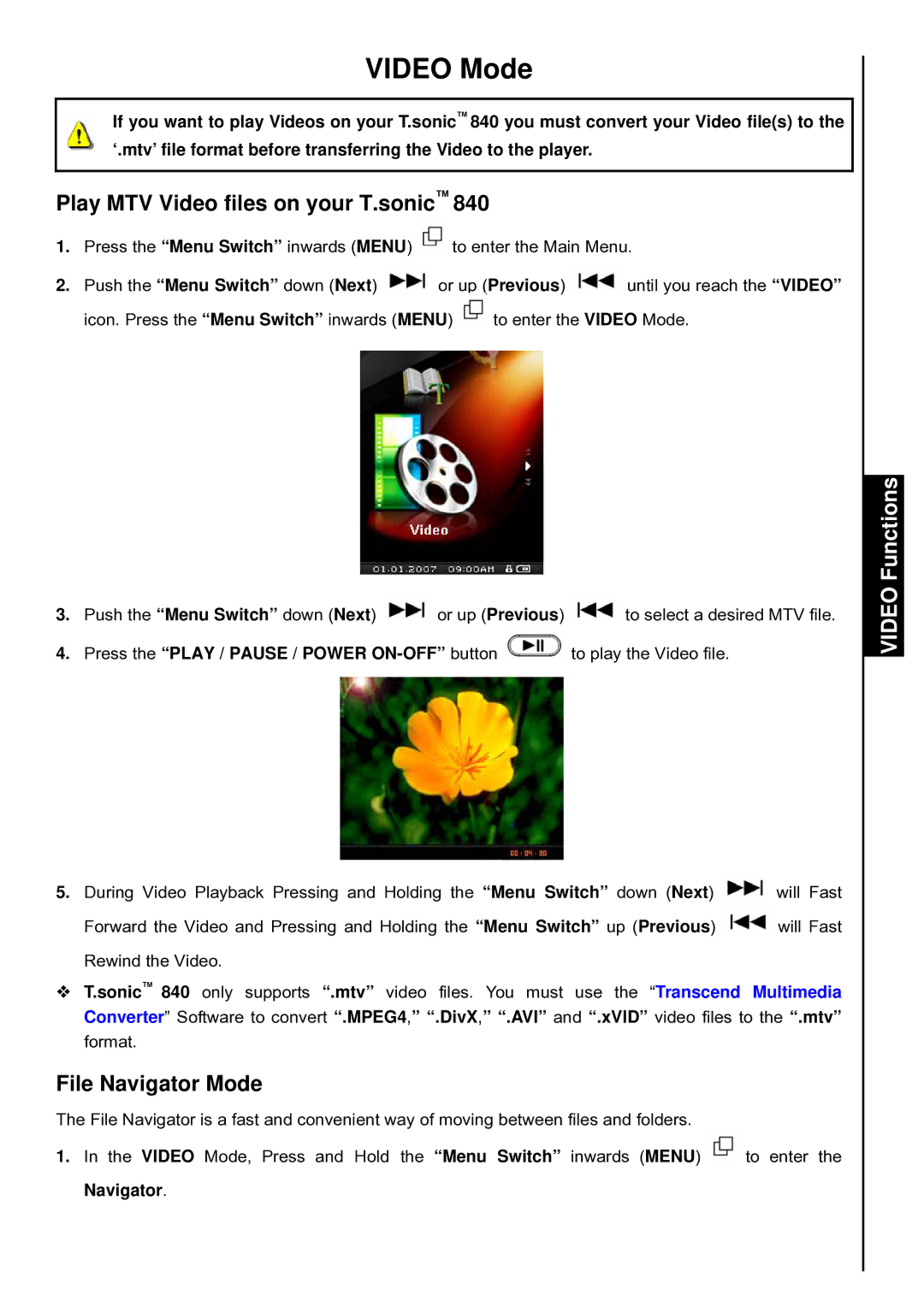 Transcend Information T.sonic 840 user manual Video Mode, Play MTV Video files on your T.sonic, Video Functions 