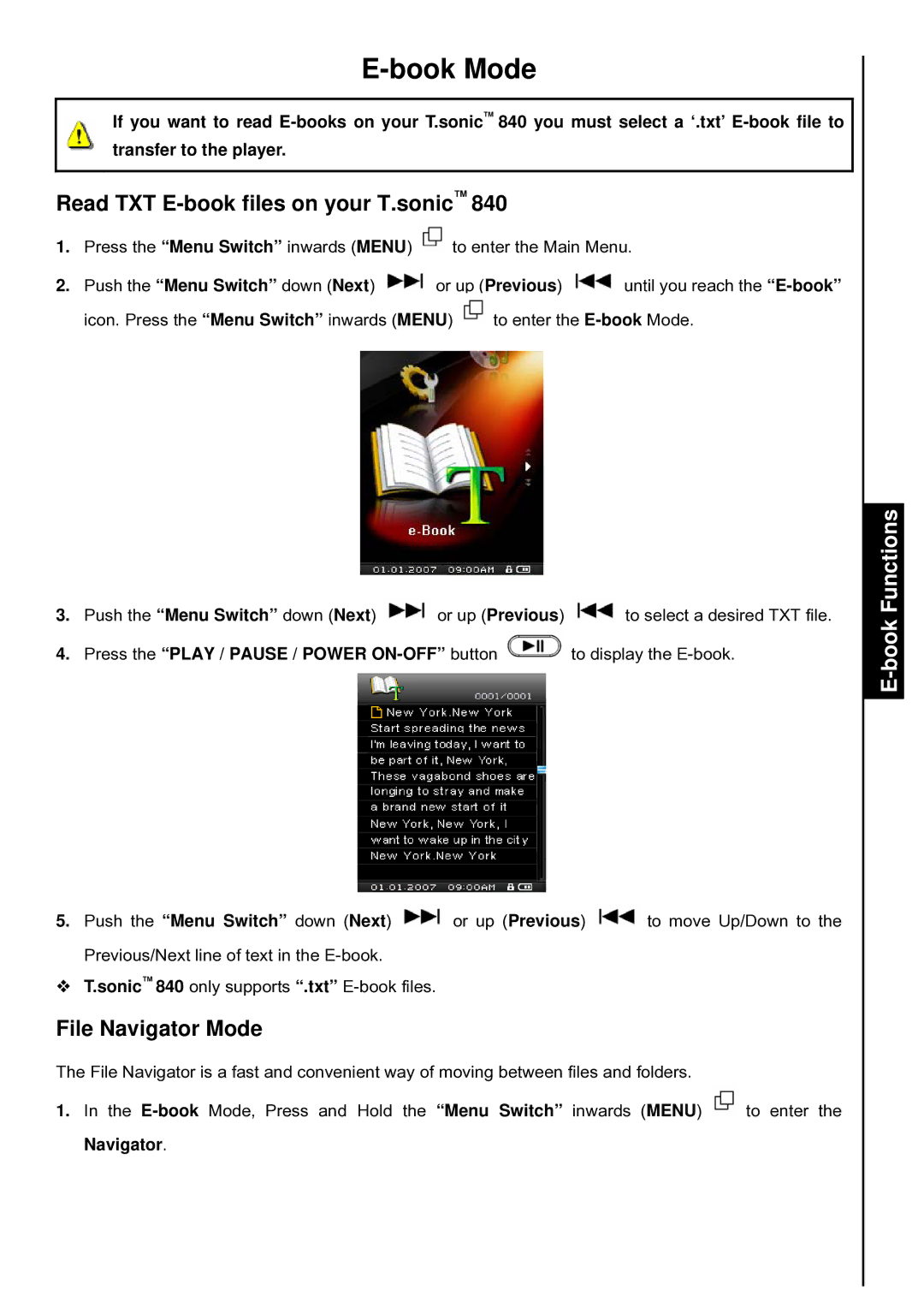 Transcend Information T.sonic 840 user manual Book Mode, Read TXT E-book files on your T.sonic, BookFunctions 