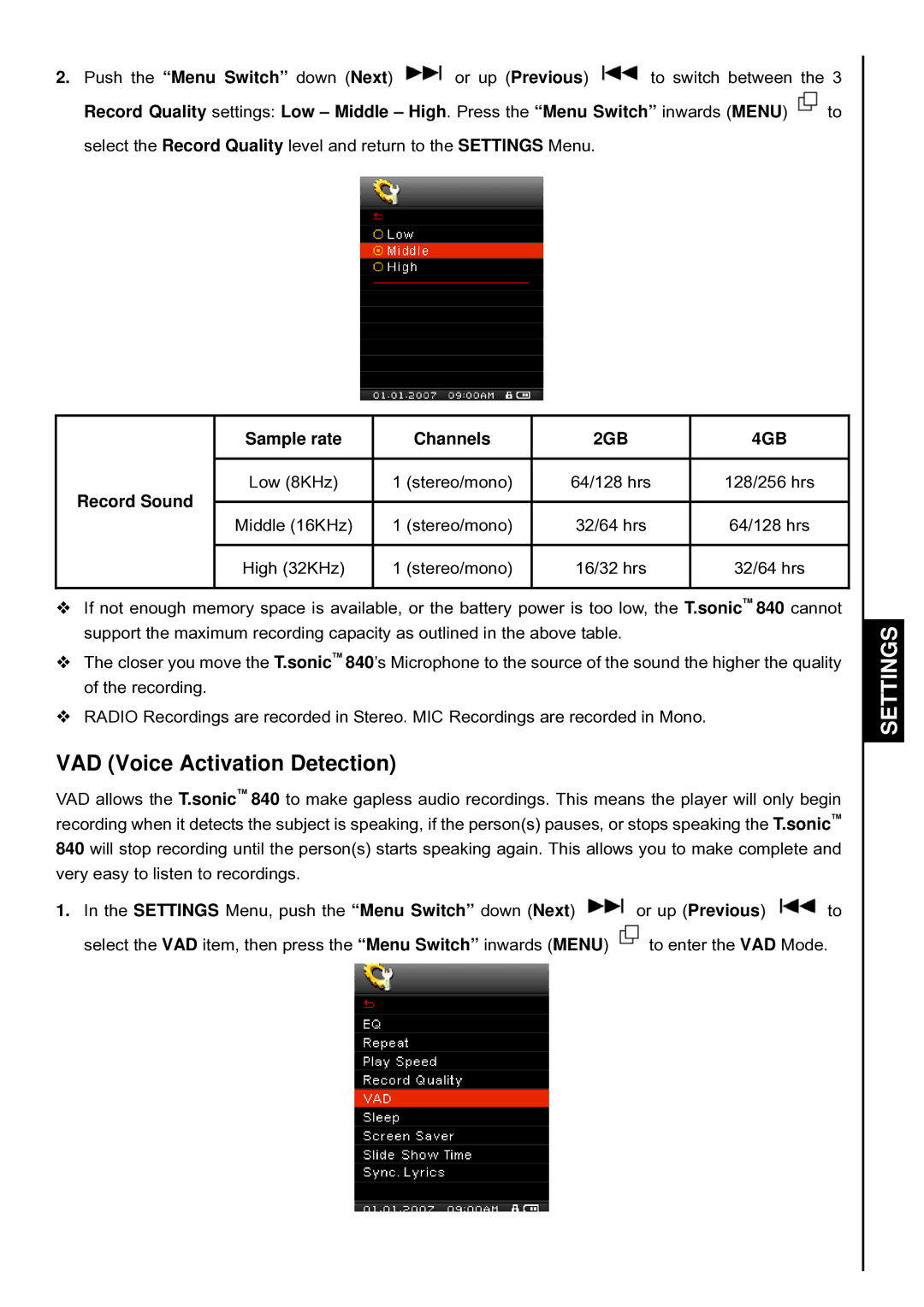 Transcend Information T.sonic 840 user manual VAD Voice Activation Detection 