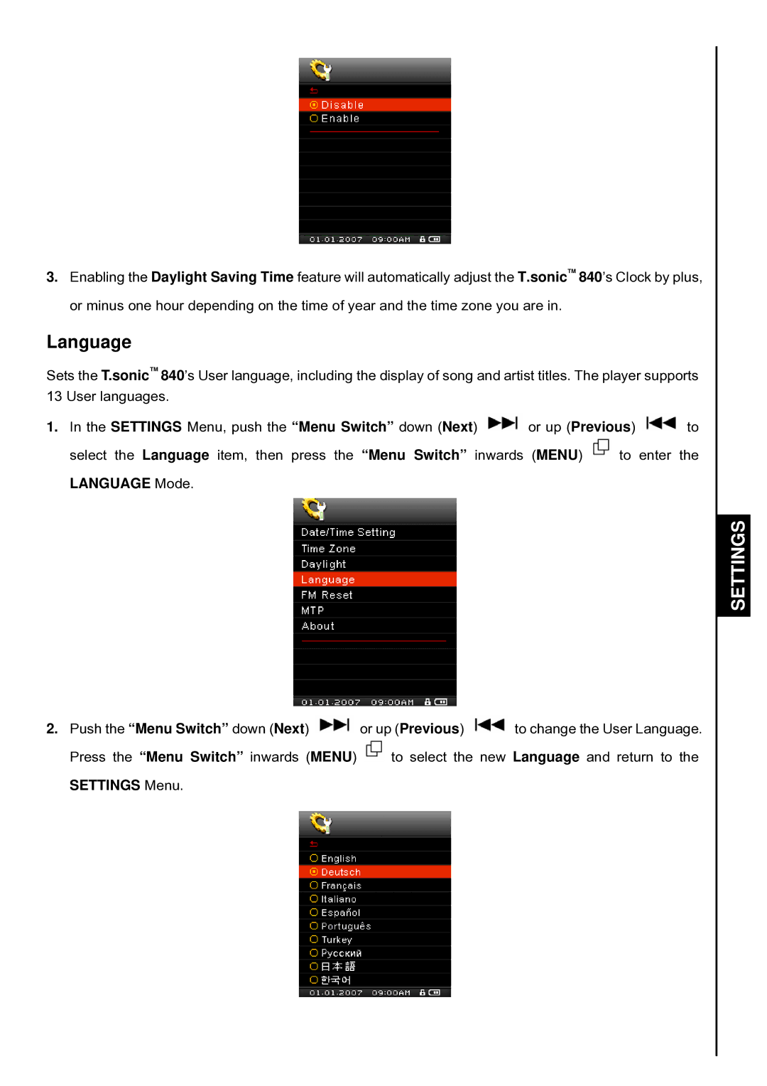 Transcend Information T.sonic 840 user manual Language 