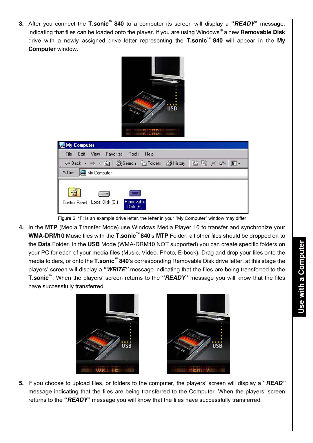 Transcend Information T.sonic 840 user manual Use with a Computer 