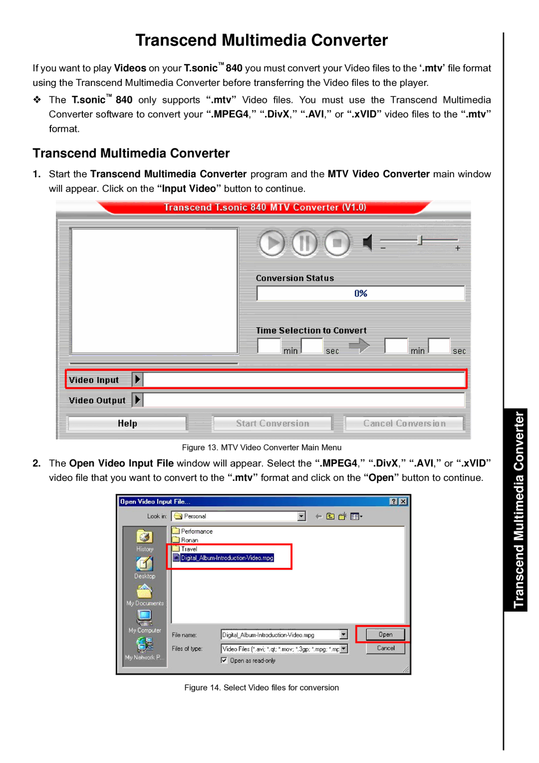 Transcend Information T.sonic 840 user manual Transcend Multimedia Converter 