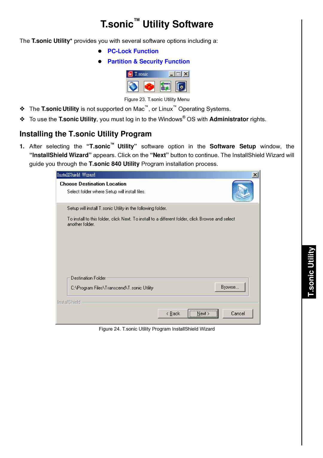 Transcend Information T.sonic 840 user manual Sonic Utility Software, Installing the T.sonic Utility Program 