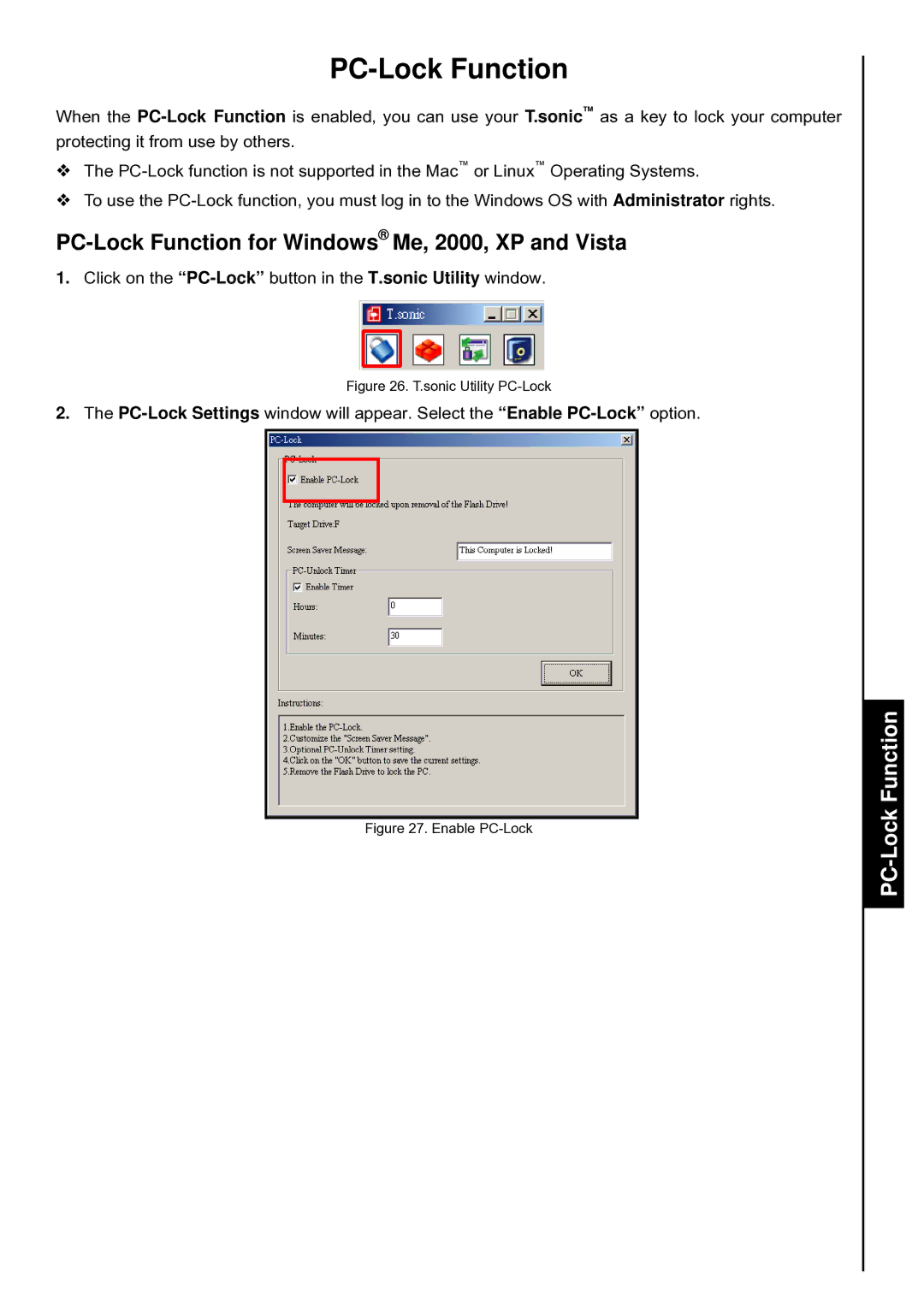 Transcend Information T.sonic 840 user manual PC-Lock Function for Windows Me, 2000, XP and Vista 