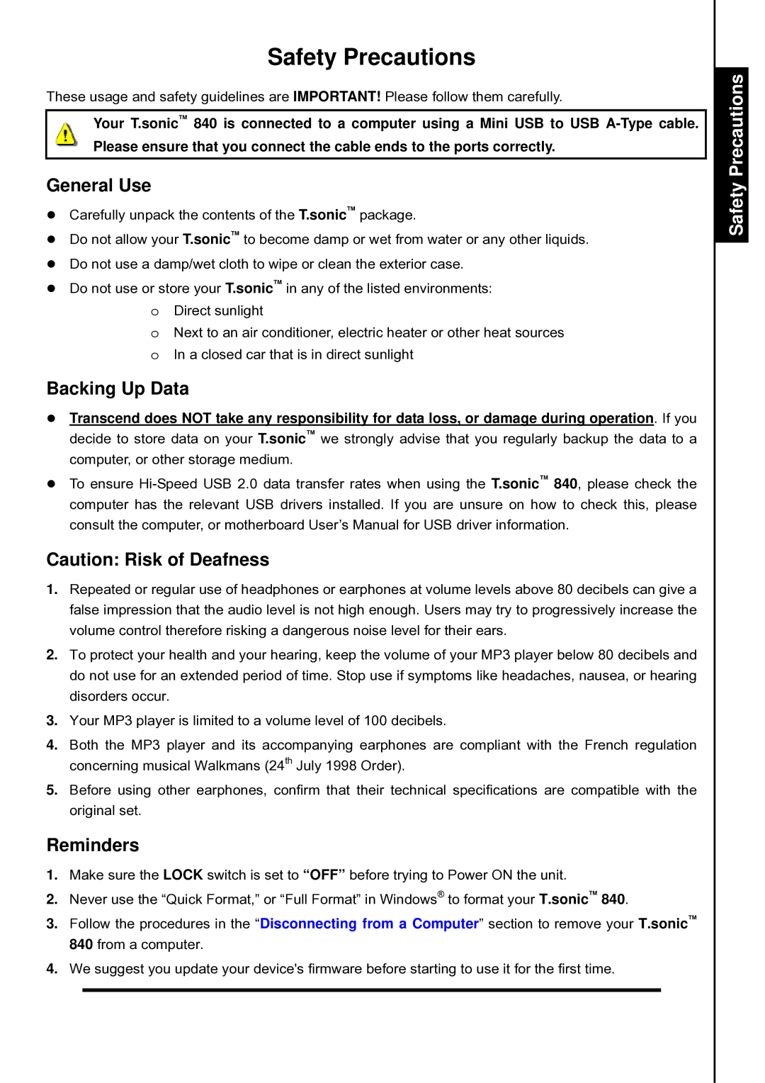 Transcend Information T.sonic 840 user manual Safety Precautions, General Use, Backing Up Data, Reminders 