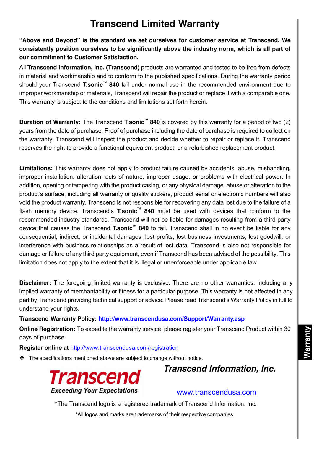 Transcend Information T.sonic 840 user manual Transcend Limited Warranty 