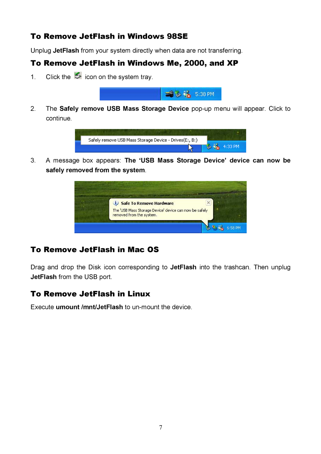 Transcend Information USB JetFlash To Remove JetFlash in Windows 98SE, To Remove JetFlash in Windows Me, 2000, and XP 