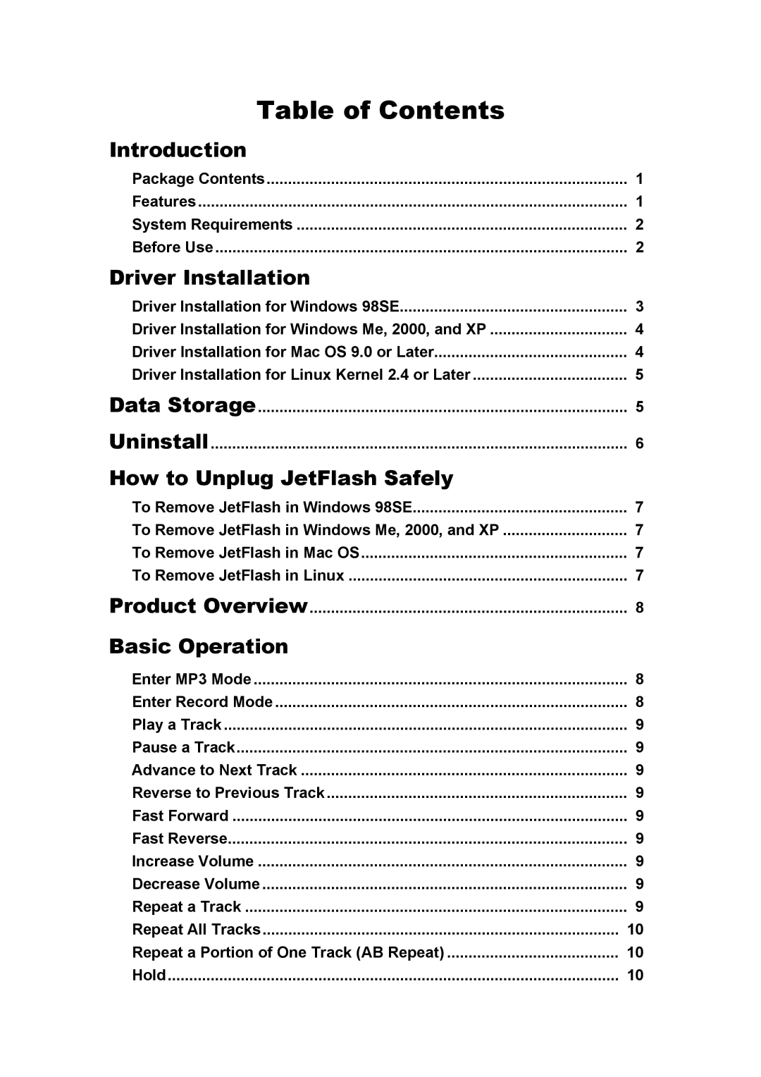 Transcend Information USB JetFlash user manual Table of Contents 