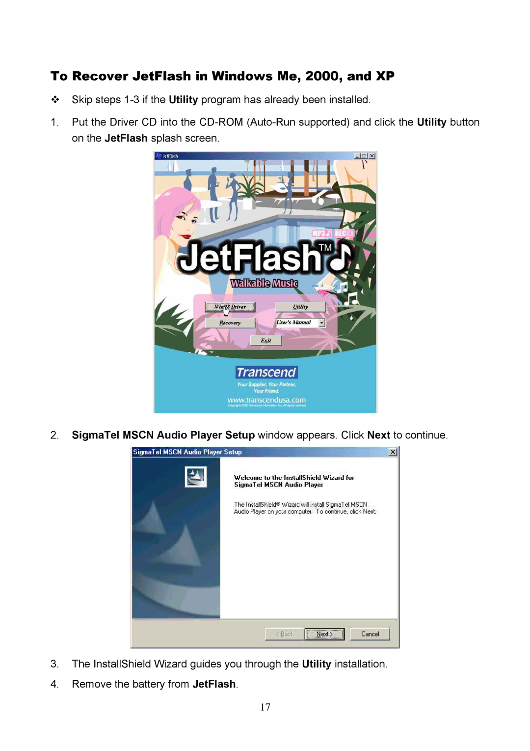 Transcend Information USB JetFlash user manual To Recover JetFlash in Windows Me, 2000, and XP 