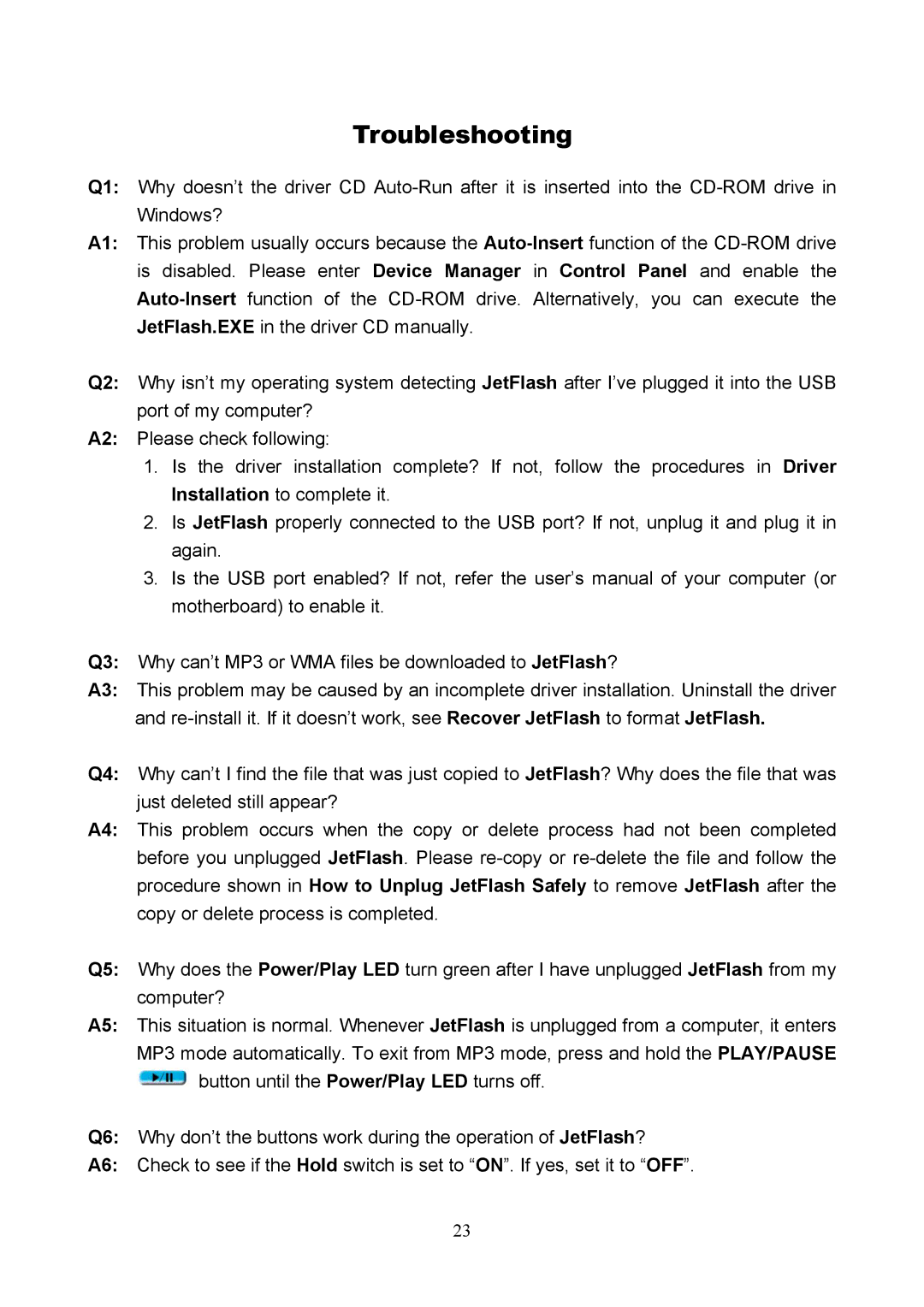 Transcend Information USB JetFlash user manual Troubleshooting 