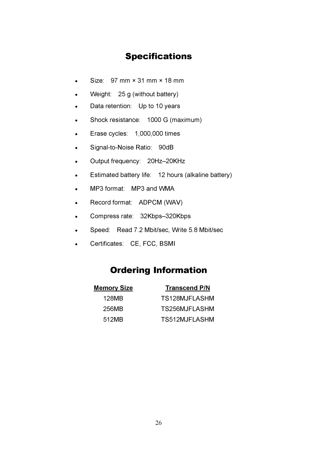 Transcend Information USB JetFlash user manual Specifications, Ordering Information 