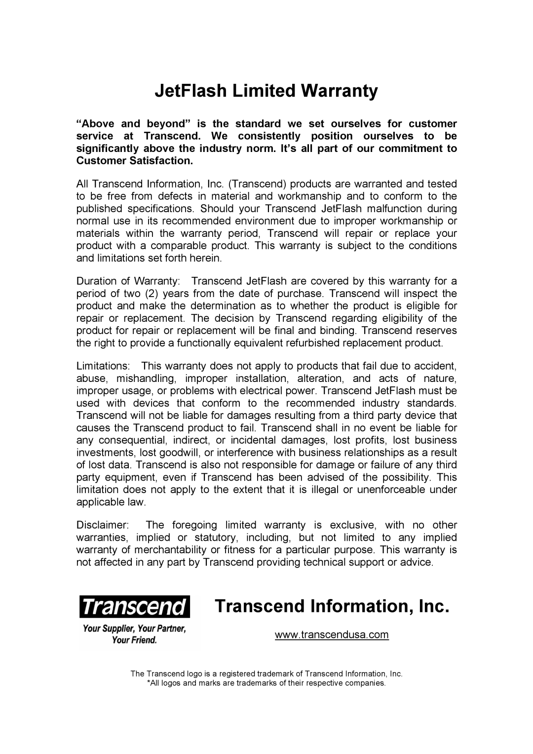 Transcend Information USB JetFlash user manual JetFlash Limited Warranty 