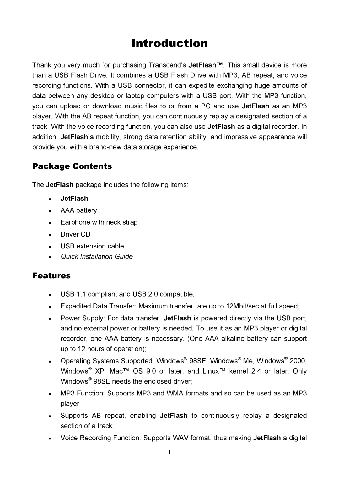 Transcend Information USB JetFlash user manual Package Contents, Features 