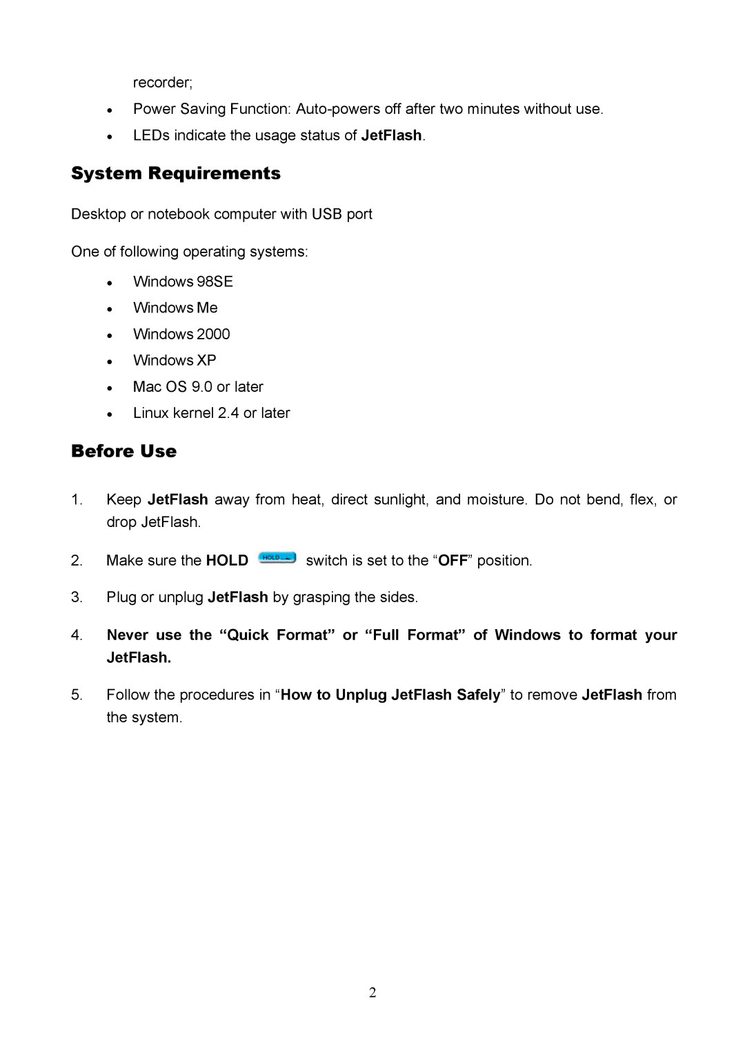 Transcend Information USB JetFlash user manual System Requirements, Before Use 