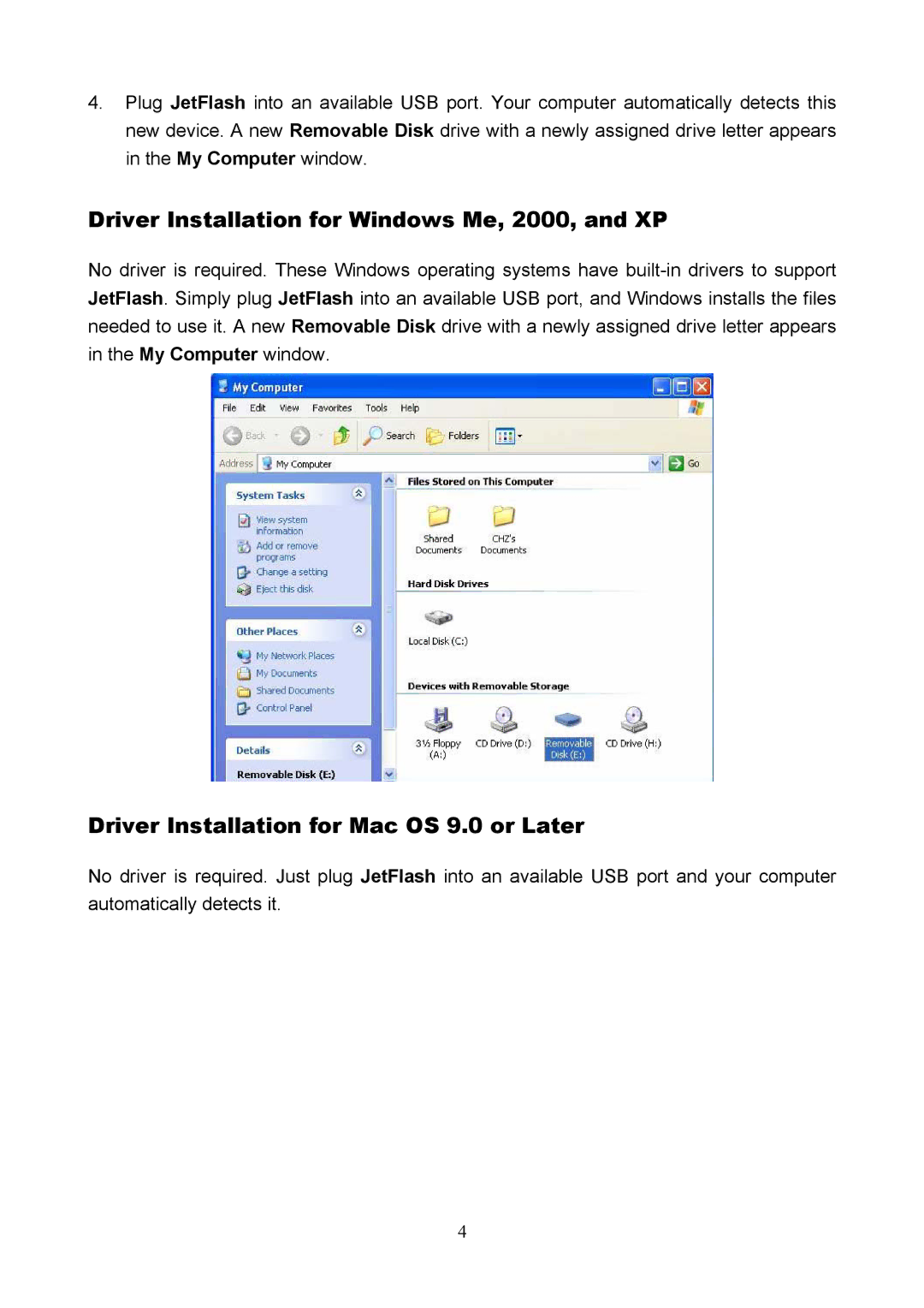 Transcend Information USB JetFlash user manual Driver Installation for Windows Me, 2000, and XP 