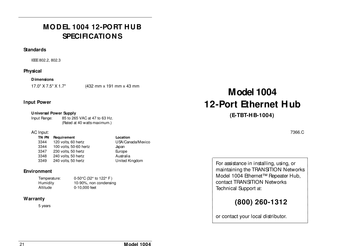 Transition Networks specifications Model 1004 12-PORT HUB Specifications, TBT-HB-1004 