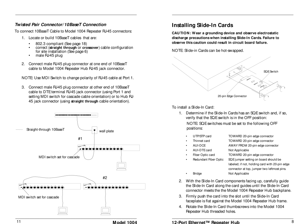 Transition Networks 1004 specifications Installing Slide-In Cards, Twisted Pair Connector/10BaseT Connection 