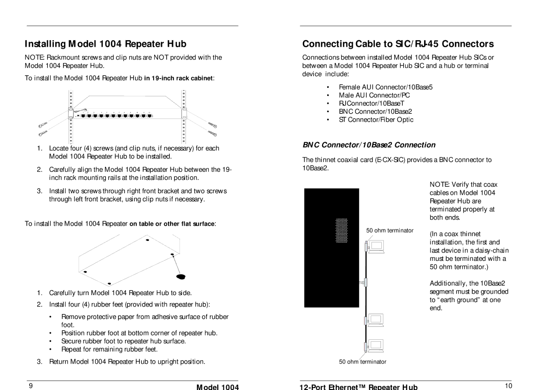 Transition Networks specifications Installing Model 1004 Repeater Hub, Connecting Cable to SIC/RJ-45 Connectors 