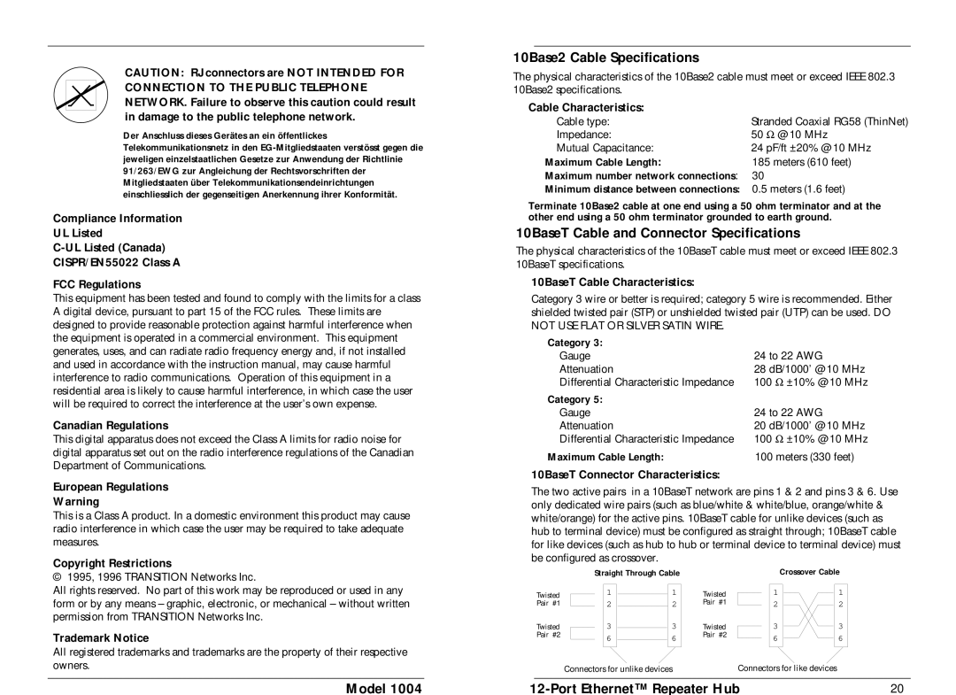 Transition Networks 1004 specifications 10Base2 Cable Specifications, 10BaseT Cable and Connector Specifications 