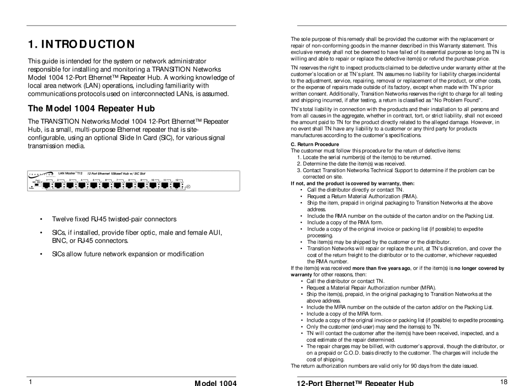 Transition Networks specifications Introduction, Model 1004 Repeater Hub 