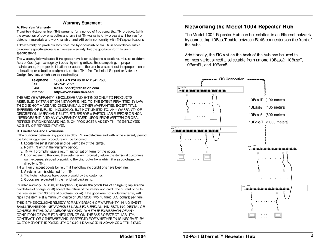 Transition Networks specifications Networking the Model 1004 Repeater Hub, Warranty Statement 