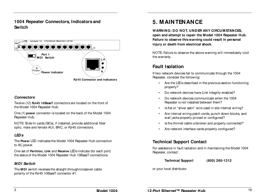 Transition Networks 1004 specifications Maintenance, Fault Isolation, Repeater Connectors, Indicators and Switch 