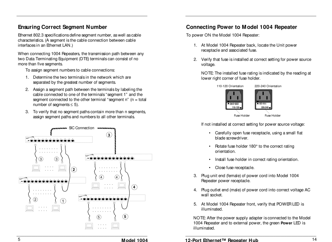 Transition Networks specifications Ensuring Correct Segment Number, Connecting Power to Model 1004 Repeater 