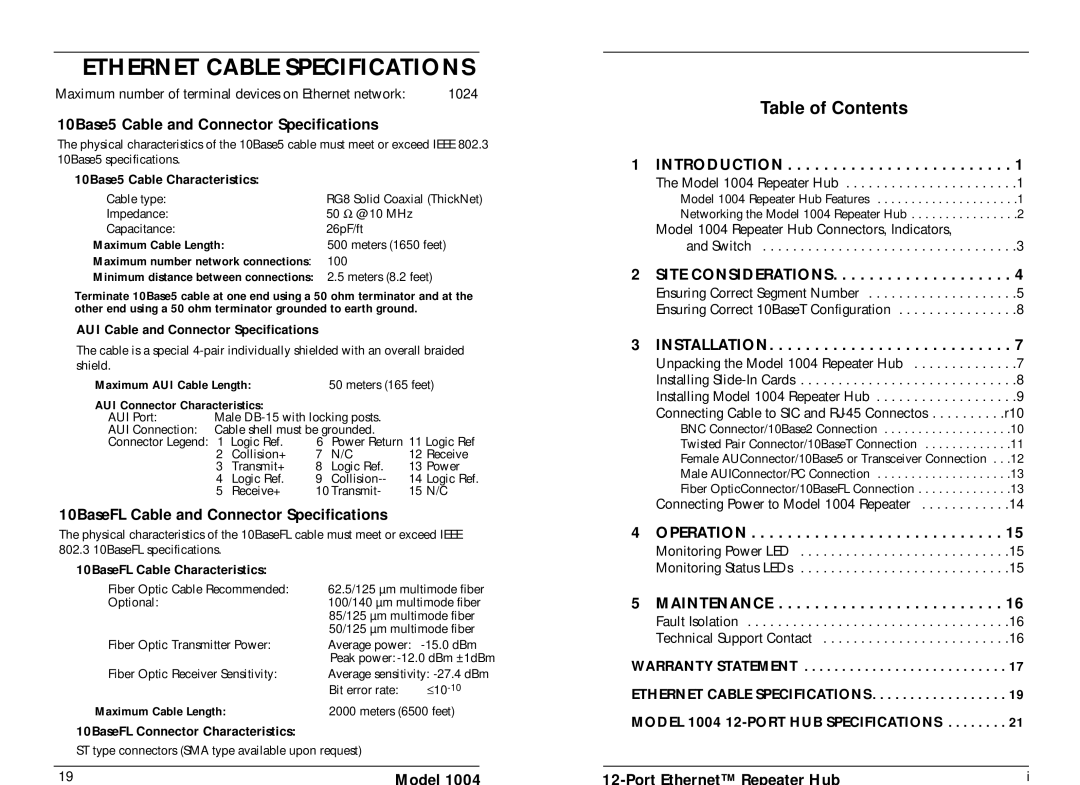 Transition Networks 1004 Ethernet Cable Specifications, Table of Contents, 10Base5 Cable and Connector Specifications 
