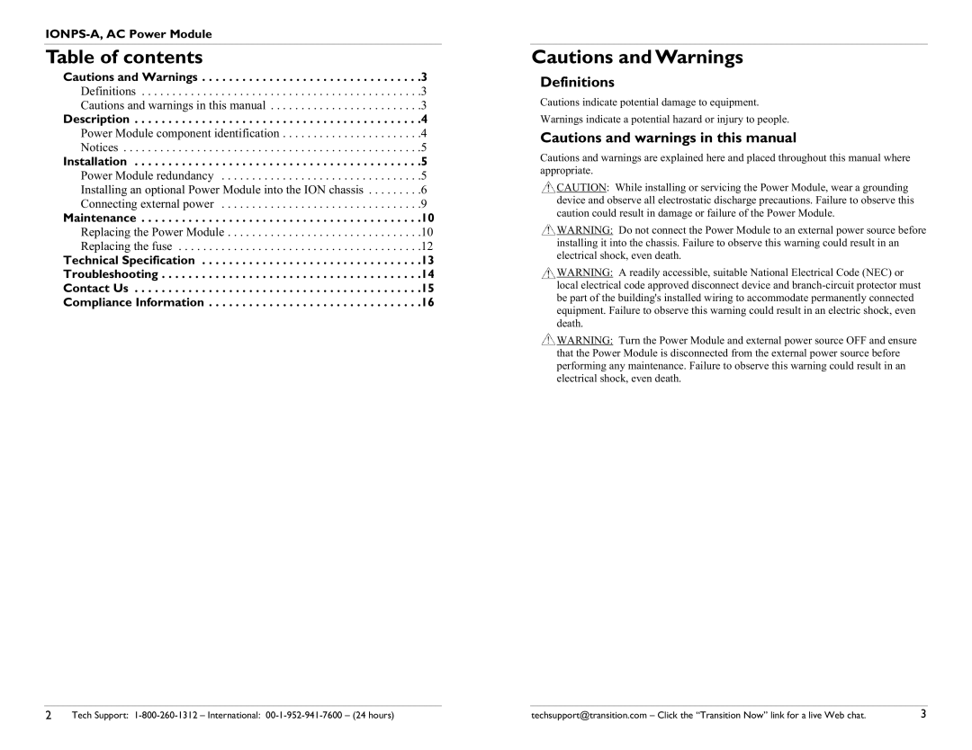 Transition Networks 33423.A Table of contents, Cautions andWarnings, Definitions, Cautions and warnings in this manual 