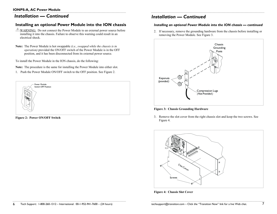 Transition Networks 33423.A user manual Installation - Continued, Installing an optional Power Module into the ION chassis 