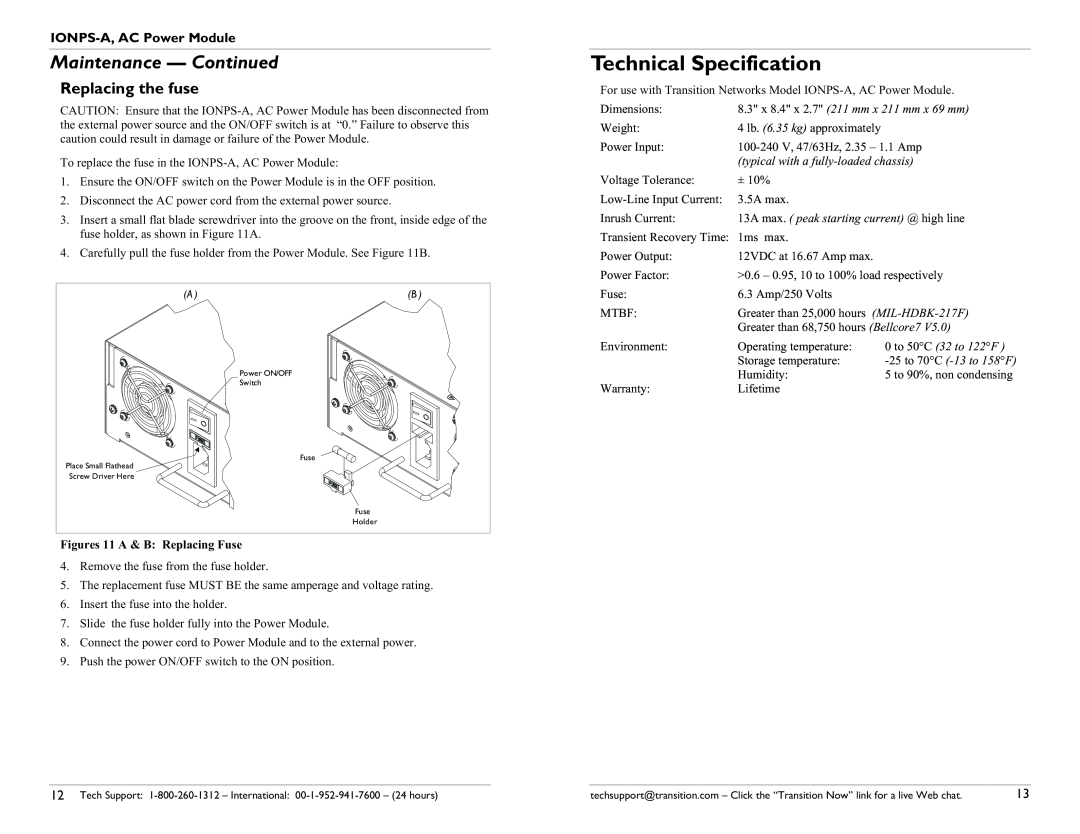 Transition Networks 33423.A user manual Technical Specification, Replacing the fuse, Figures 11 A & B Replacing Fuse 