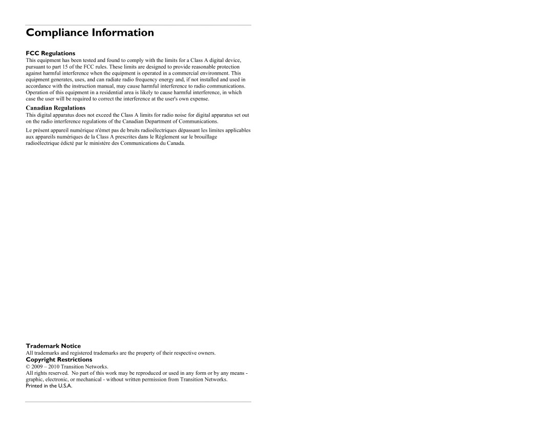 Transition Networks 33423.A user manual Compliance Information, Canadian Regulations, FCC Regulations, Trademark Notice 
