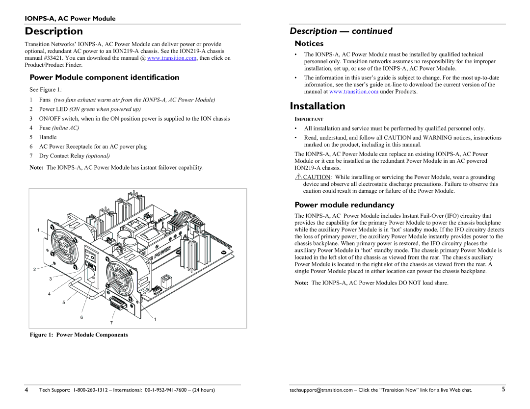 Transition Networks 33423.A Description, Installation, Power Module component identification, Power module redundancy 