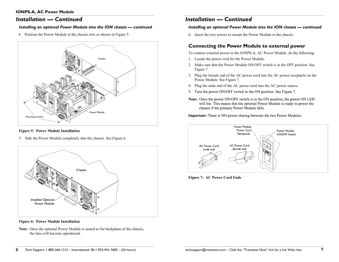 Transition Networks 33423.A user manual Connecting the Power Module to external power, Power Module Installation 