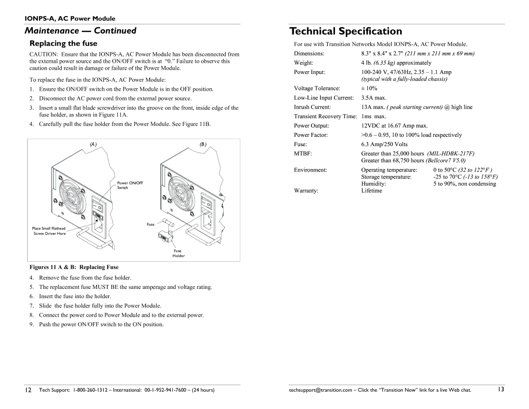 Transition Networks 33423.A user manual Technical Specification, Replacing the fuse 