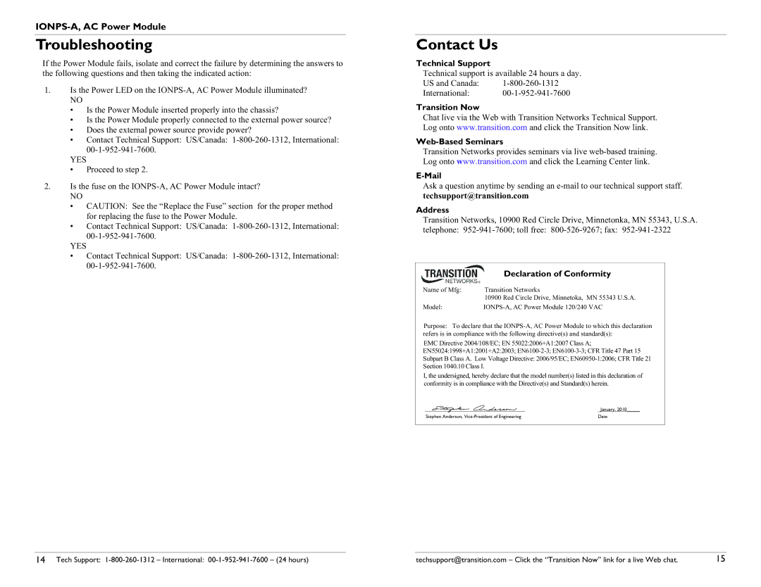 Transition Networks 33423.A user manual Troubleshooting, Contact Us 