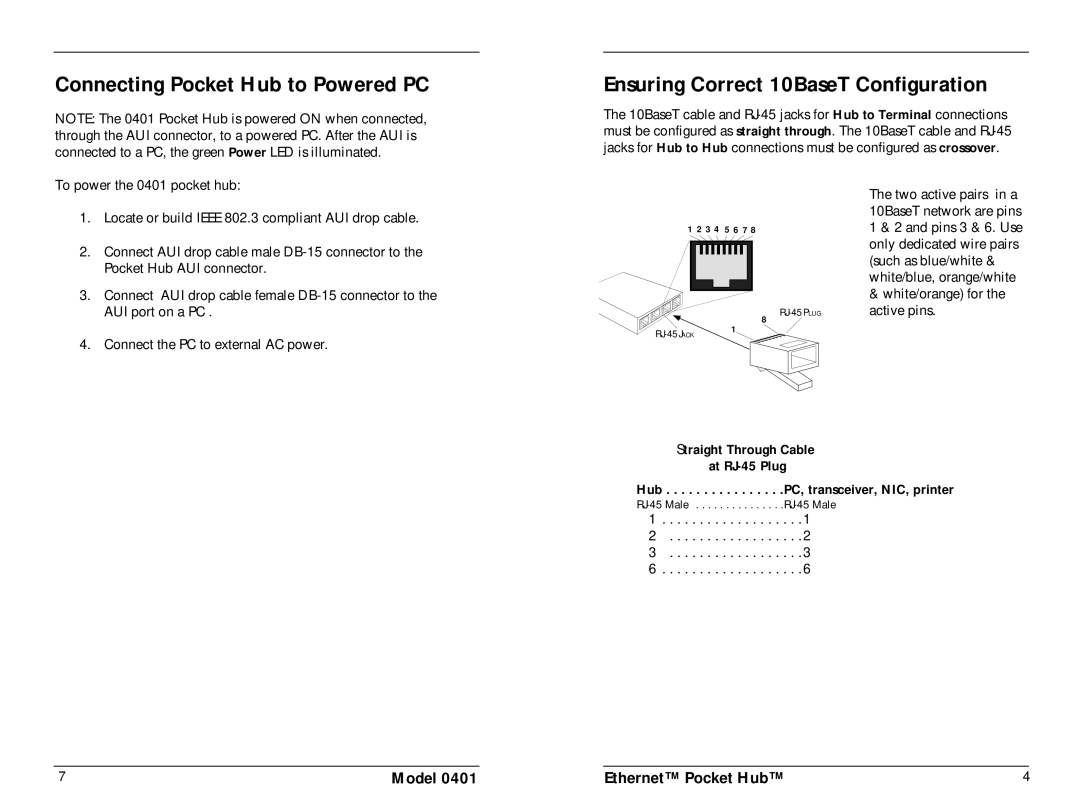 Transition Networks 401 manual Connecting Pocket Hub to Powered PC, Ensuring Correct 10BaseT Configuration, Model 