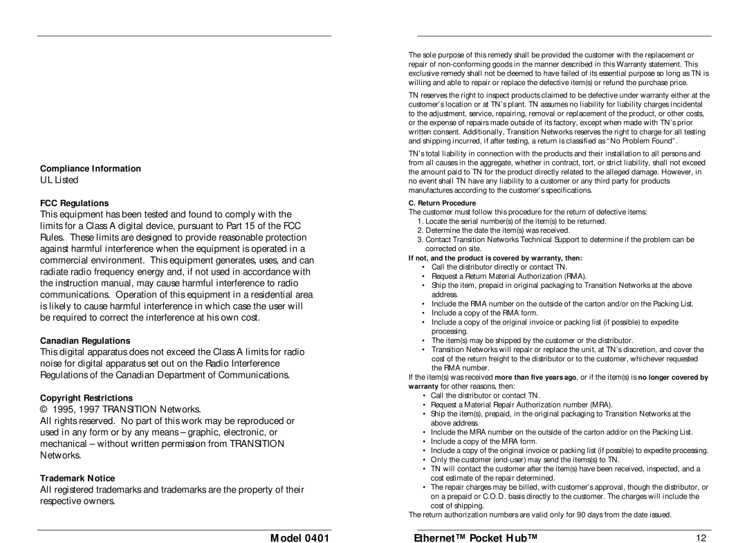 Transition Networks 401 manual Model Ethernet Pocket Hub, Compliance Information, FCC Regulations Canadian Regulations 