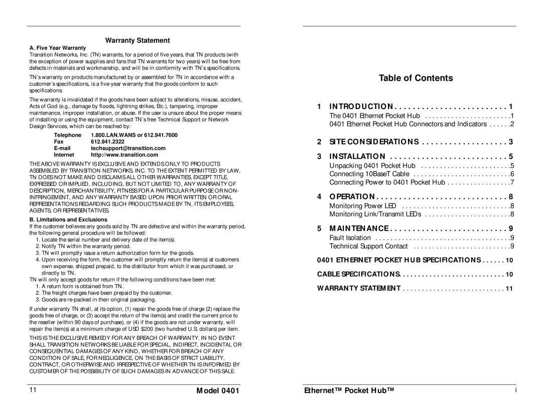 Transition Networks 401 manual Table of Contents 