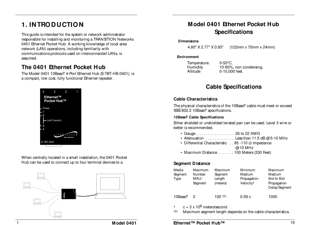 Transition Networks manual Introduction, Model 0401 Ethernet Pocket Hub Specifications, Cable Specifications 