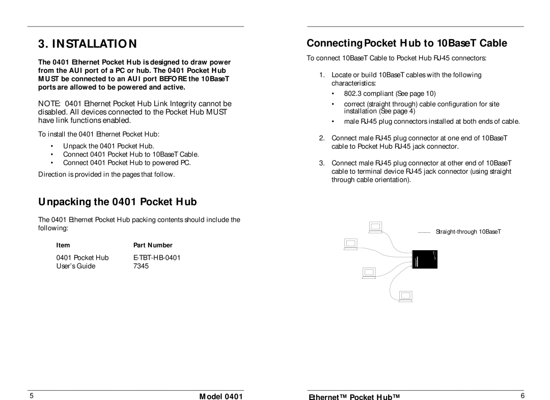 Transition Networks Installation, Unpacking the 0401 Pocket Hub, Connecting Pocket Hub to 10BaseT Cable, Part Number 