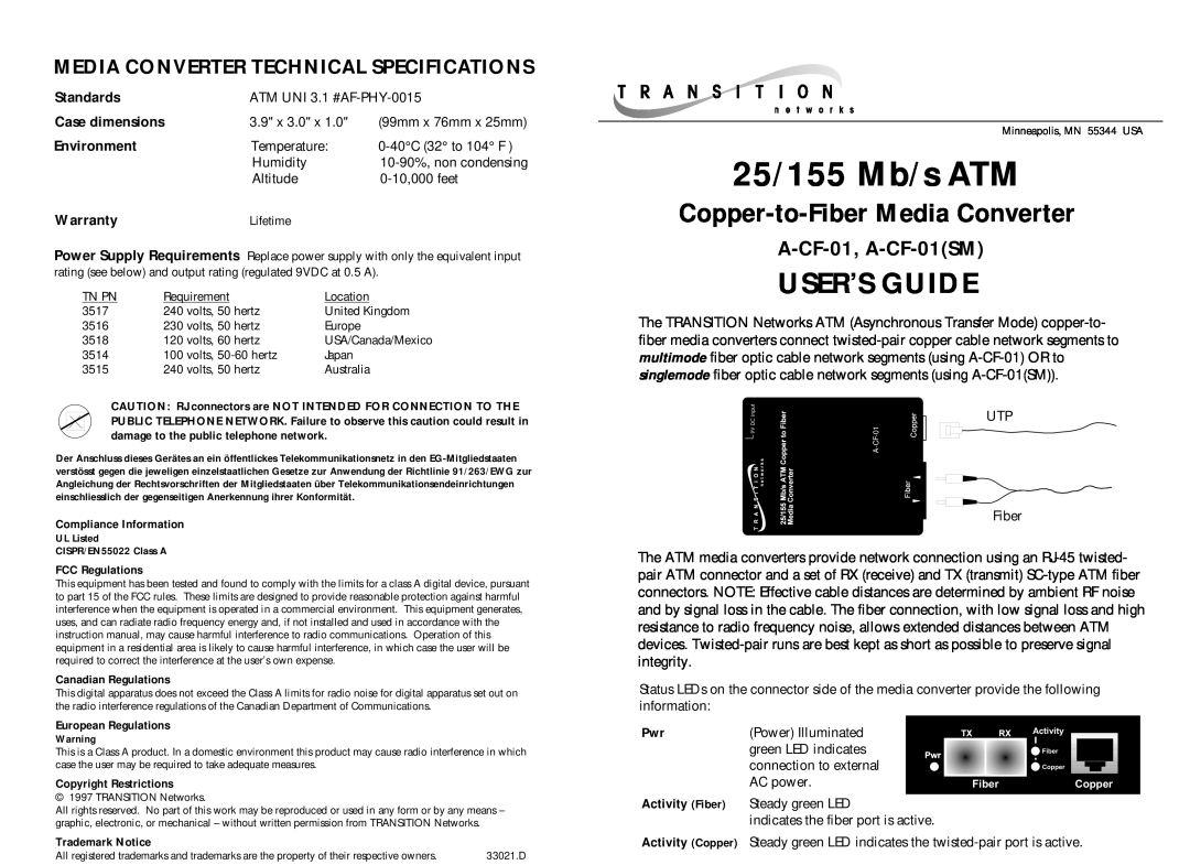 Transition Networks A-CF-01(SM) warranty Media Converter Technical Specifications, A-CF-01, A-CF-01SM, Standards, Warranty 