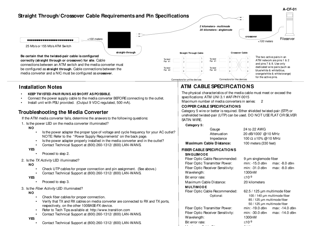 Transition Networks A-CF-01 Straight Through/Crossover Cable Requirements and Pin Specifications, Installation Notes 