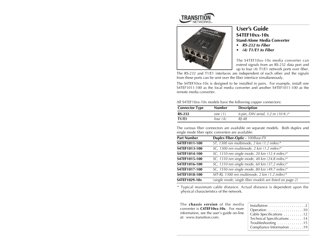 Transition Networks C4TEF10XX-10X specifications Stand-Alone Media Converter 